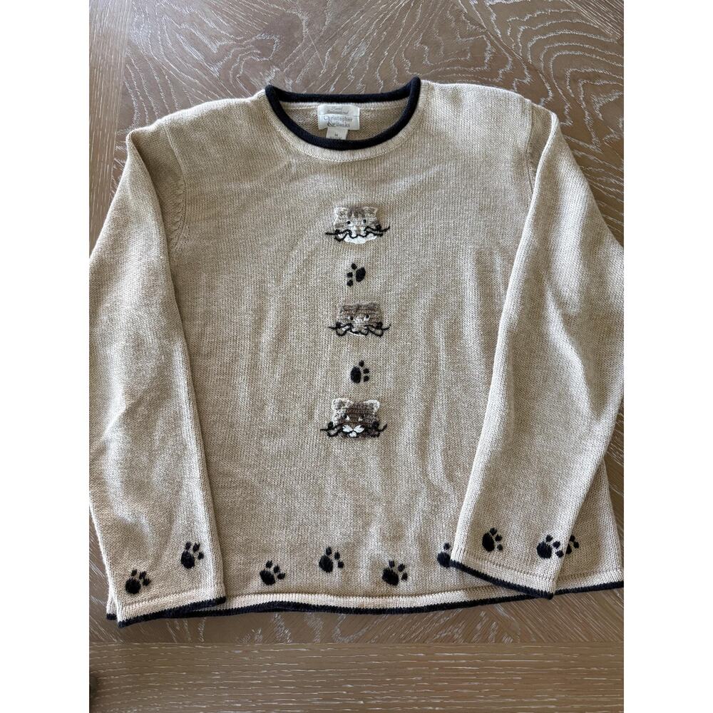 Vintage Christopher & Banks Cat Sweater M Embroidered Paw Print 90s Grandmacore - Picture 2 of 14